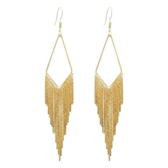 Dangling Gold Tone Metal Chain Tassel Dangle Earrings Statement Bohemian - Picture 1 of 4